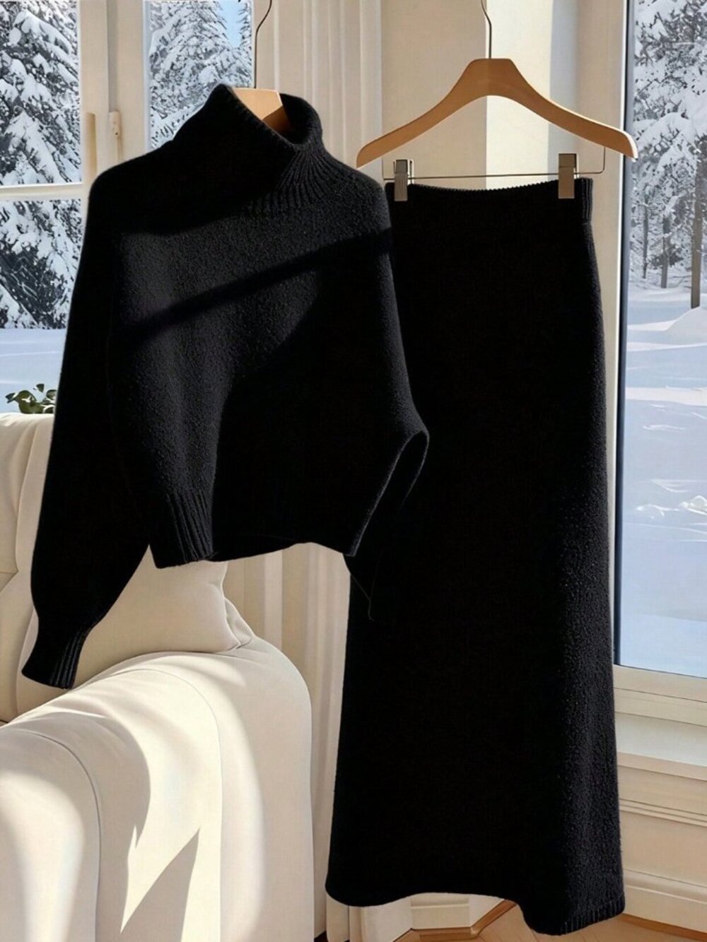 Black Casual Women's Knit Sweater & Long Skirt 2 piece coord Set